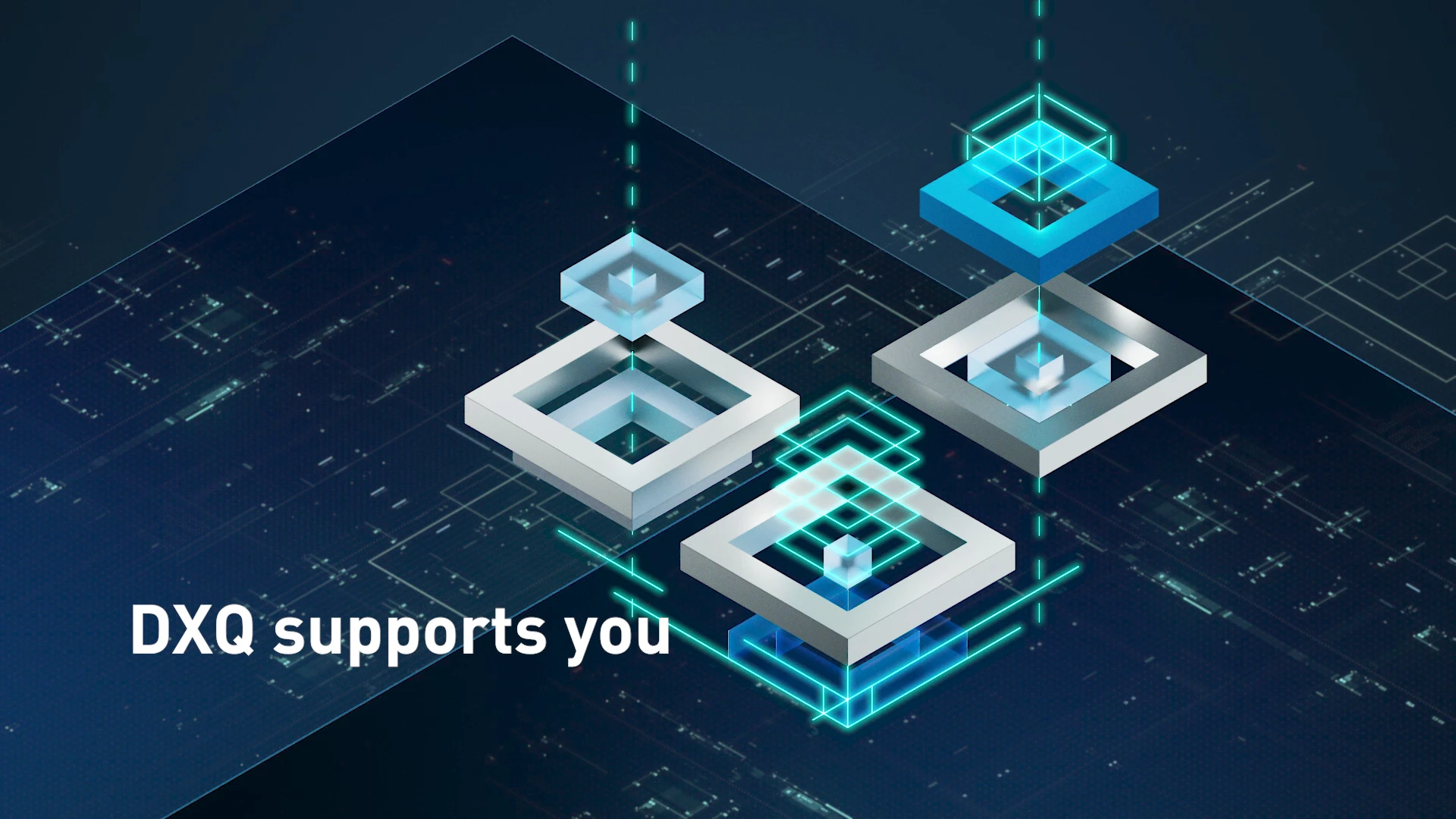 Grafica futuristica con elementi tecnologici: Forme geometriche luminose e fluttuanti interconnesse con linee digitali. Testo nell'immagine: 'DXQ supports you'.