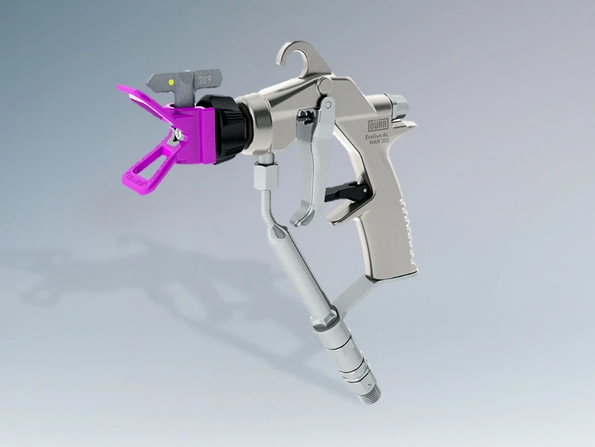 Manual airless spraygun suitable for high pressure paint application.