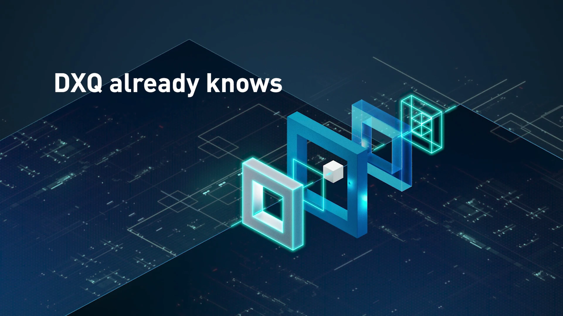 Grafica futuristica con elementi tecnologici: Forme geometriche luminose e annidate con linee digitali. Testo nell'immagine: 'DXQ already knows'.