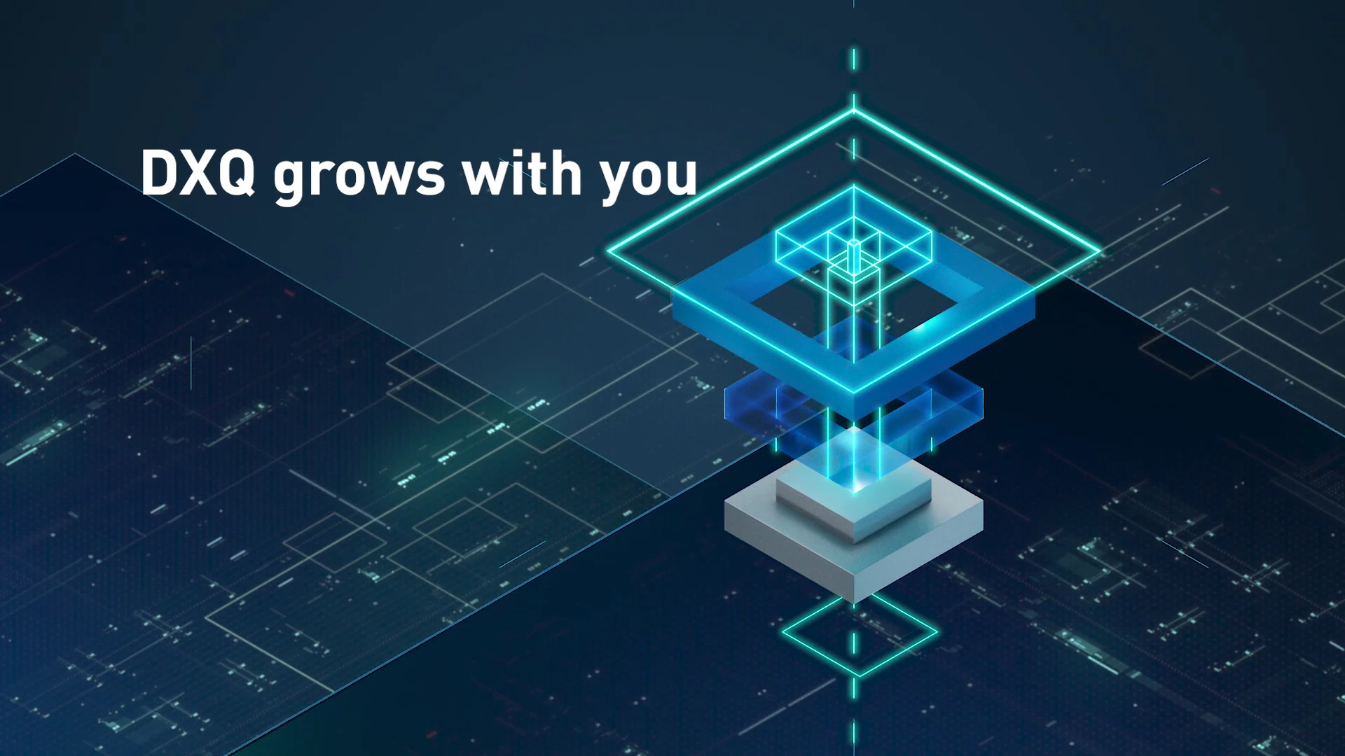 Grafica astratta con elementi tecnologici: Un design futuristico e luminoso con forme geometriche e linee digitali. Testo nell'immagine: 'DXQ grows with you'